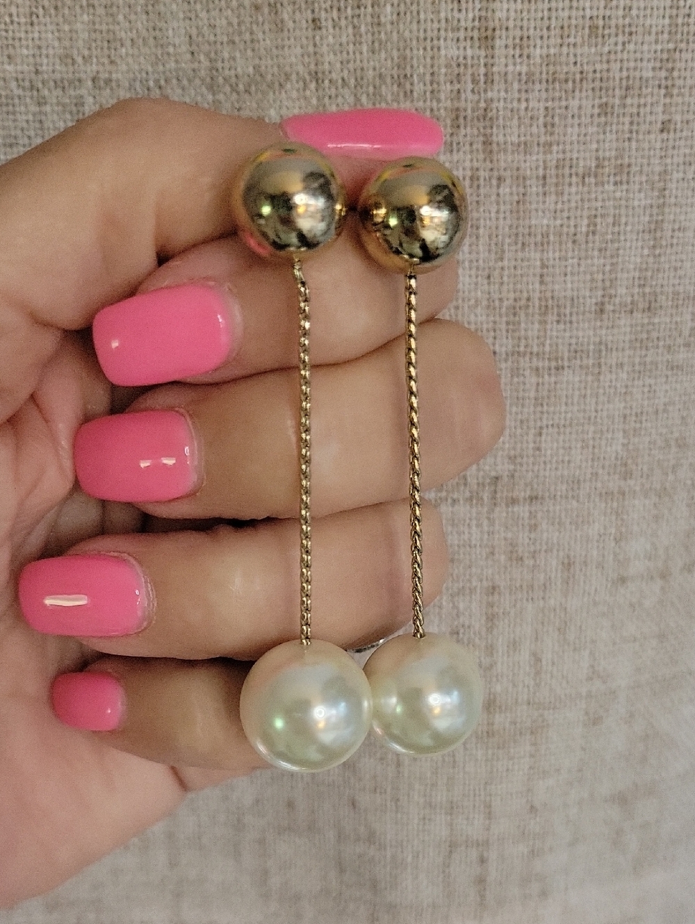 Gold Ball And Pearl Chain Drop Earrings - Elegant Women's Jewelry - Picture 3 of 5